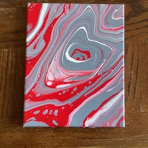 Handmade pour painting art NEW red grey white 8”x10” unique circle swirls